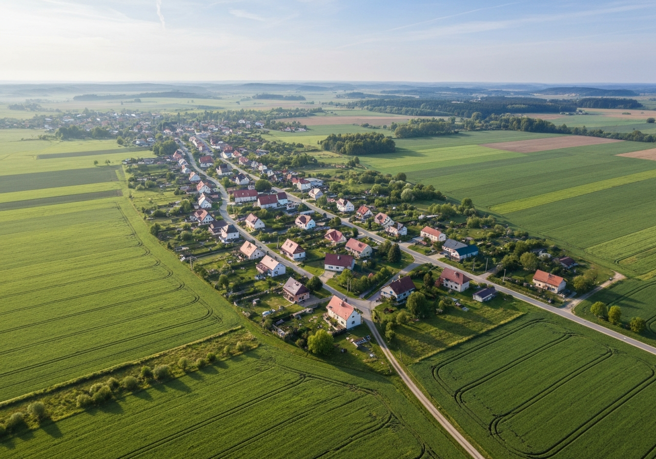 Aerial wide shot of the small village of Hlubany near Podbořany in the Czech countryside, surrounded by agricultural fields and rural roads, soft morning light, 85mm lens, high resolution, professional editorial style, no text, no words, no letters
