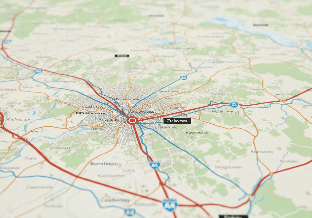 A professional logistics delivery map overlaying a stylized map of the Czech Republic, focused on two distinct locations, editorial photography, clean and minimalist design, soft natural light, 85mm lens, highly detailed, no text, no letters