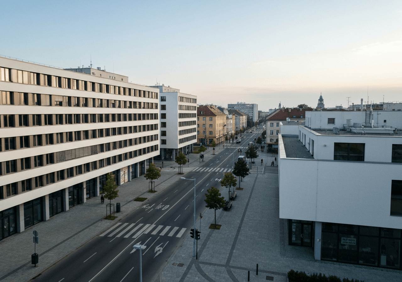 Aerial view of the modern urban landscape of Foerstrova street in Olomouc, cinematic street level perspective, clean urban architecture, soft natural morning light, 85mm lens, high resolution, no text, no letters