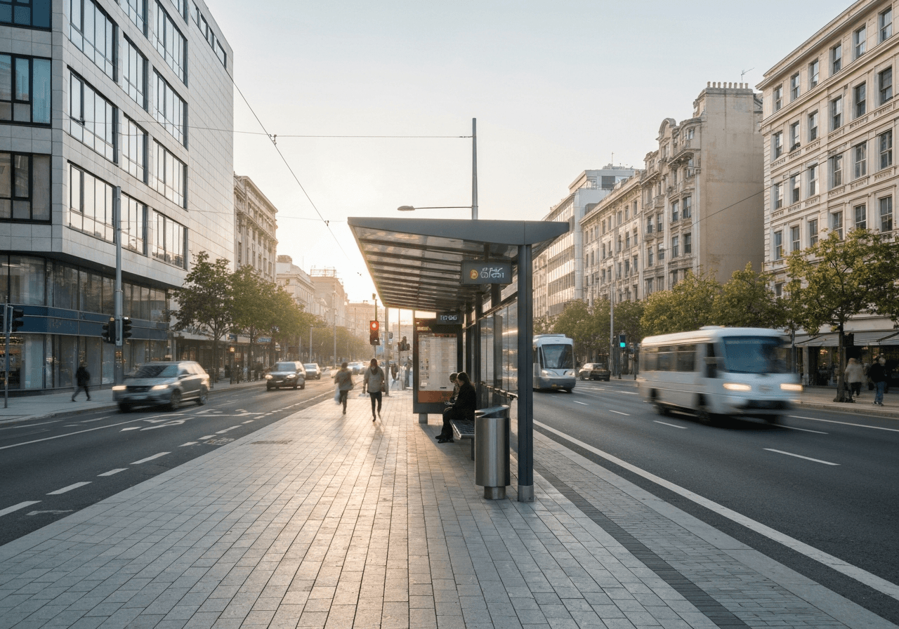 Modern public transport tram stop in a city district, wide angle editorial photography, blurred motion of urban life, clean architecture, soft morning light, 85mm lens, highly detailed, no text, no letters