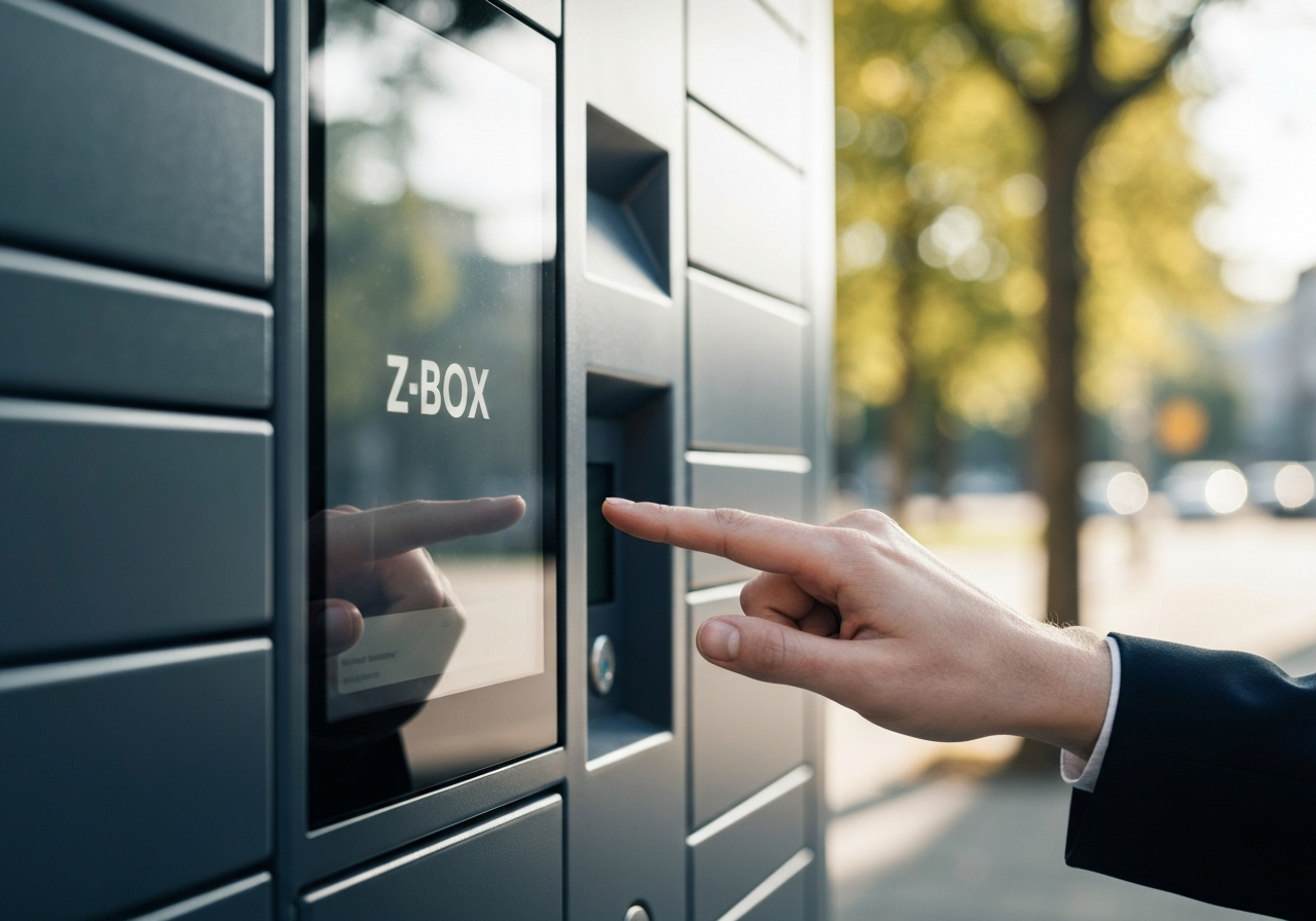 A close-up, high-quality shot of a person's hand interacting with a digital interface on a modern Z-BOX automated parcel locker, clean urban environment, soft natural daylight, shallow depth of field, premium editorial style, no text, no letters.