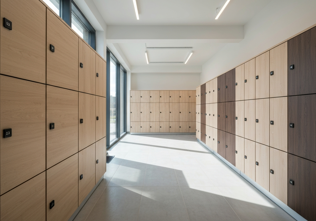 A modern, minimalist locker storage facility in Piešťany, bright and clean interior with high-end aesthetic, soft natural light streaming through windows, professional editorial photography, 85mm lens, high detail, no text, no words, no letters.