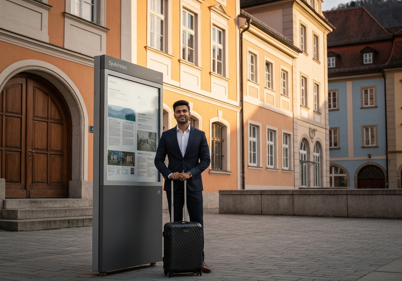 A professional traveler standing with a sleek suitcase near a modern information board in a spa town, sunlight reflecting on historical architecture, editorial photography, 85mm lens, high contrast, clean, premium feel, no text, no words, no letters.