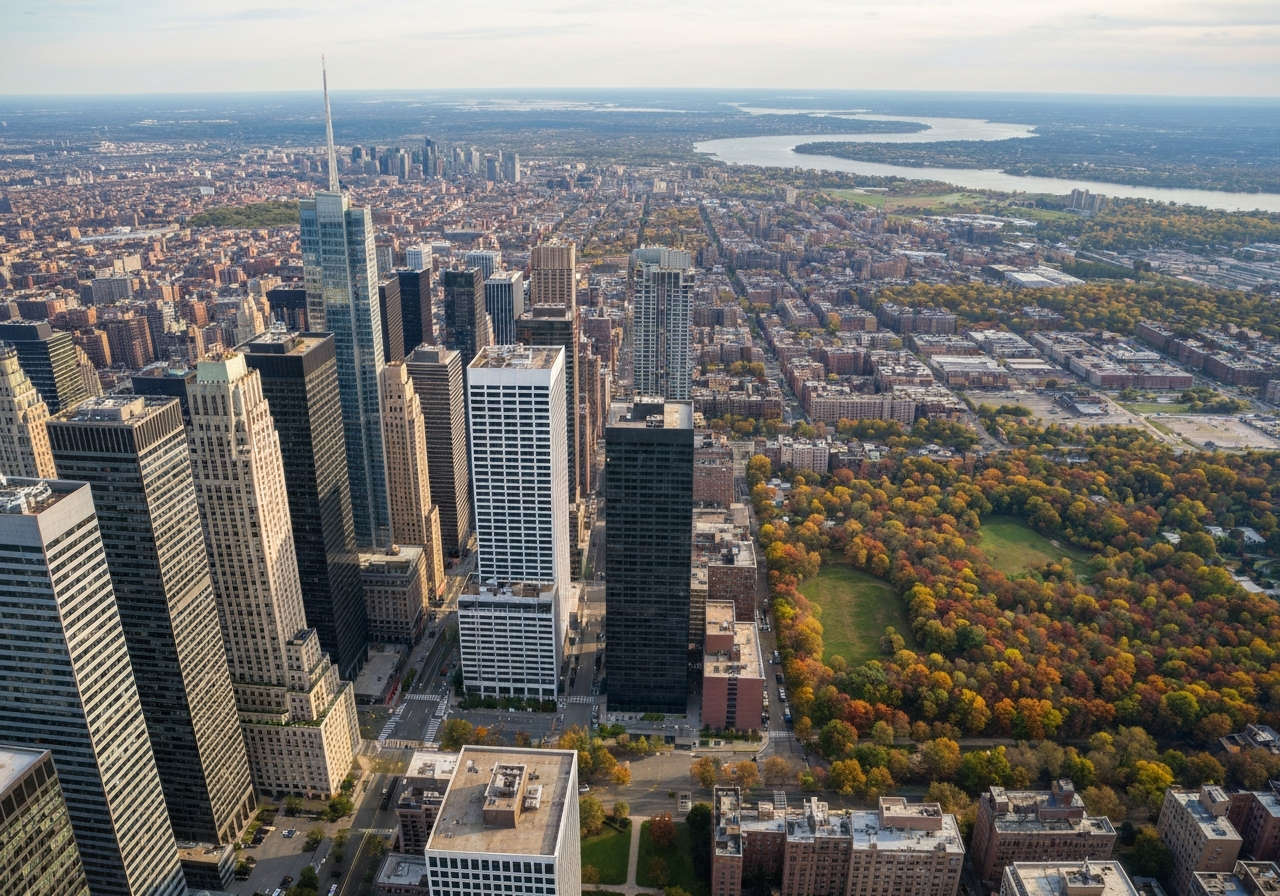 Aerial view of the contrast between the dense Manhattan skyscrapers and the lush green landscape of upstate New York, editorial photography, high contrast, soft natural light, 85mm lens, highly detailed, no text, no letters