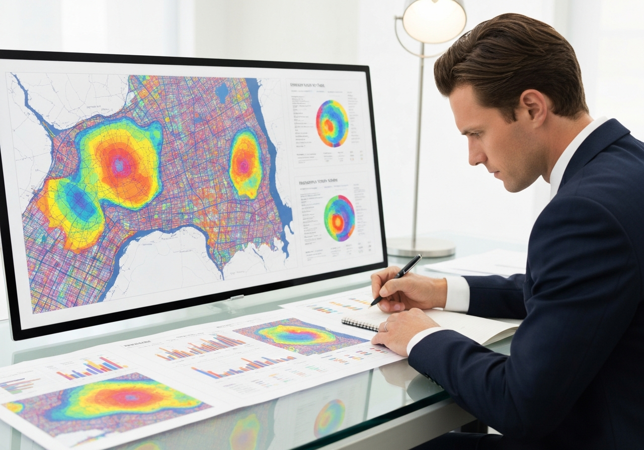A professional data analyst reviewing colorful demographic heat maps of New York on a sleek, modern glass workspace, clean office environment, premium editorial style, soft natural light, 85mm lens, highly detailed, no text, no words, no letters.