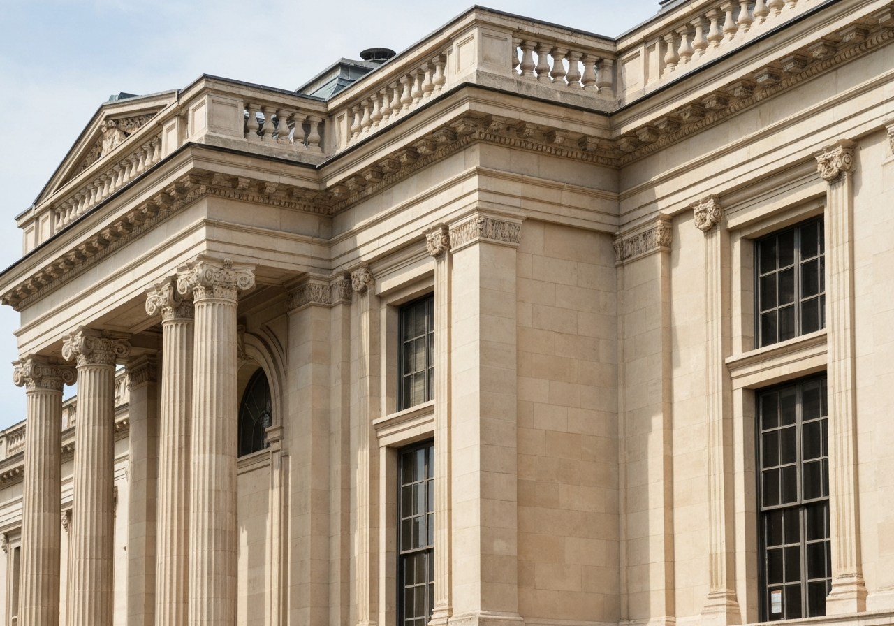 Architectural shot of a historic building exterior, neoclassical facade features, soft natural sunlight, professional editorial photography, 85mm lens, high detail, no text, no words, no letters