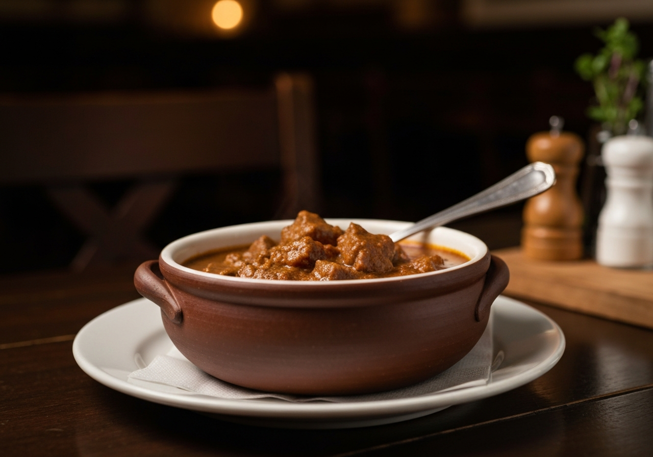 Traditional Czech goulash served in a rustic ceramic bowl on a dark wooden table in a historic restaurant setting, warm ambient lighting, soft bokeh background, editorial style, professional food photography, 85mm lens, no text, no words, no letters