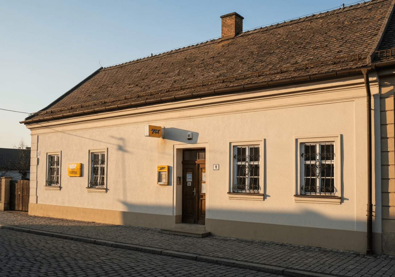 A professional, clean facade of a rural Czech post office building on a quiet village street, architectural photography, soft morning sunlight, 85mm lens, high resolution, professional composition, no text, no words, no letters.