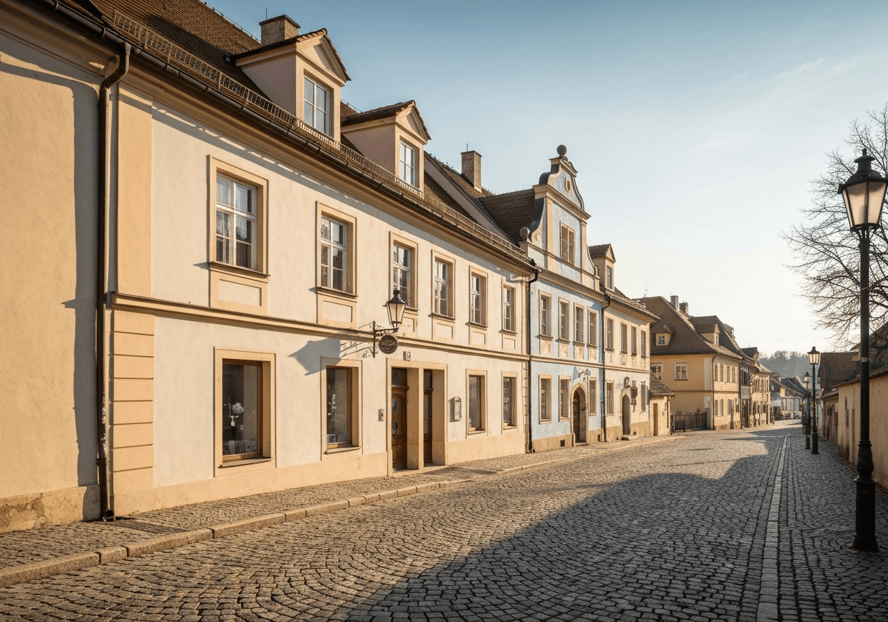 A wide shot of a charming village street in the Czech Republic during a sunny day, focused on a clean, accessible building exterior, soft natural light, architectural photography style, 85mm lens, high resolution, no text, no words, no letters.