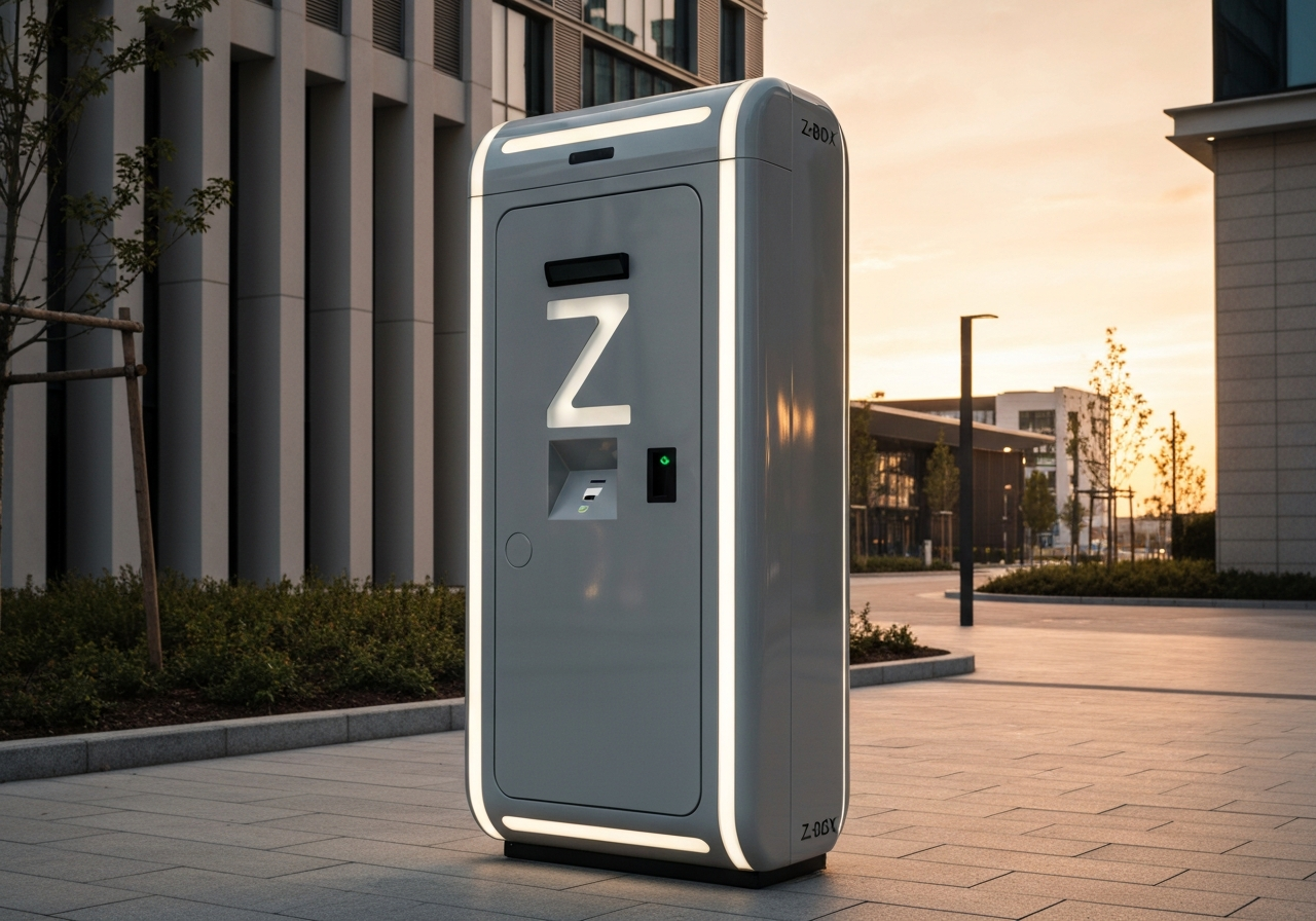 A sleek, modern Z-Box automated parcel terminal standing in a clean, urban environment at sunset, editorial photography, soft ambient lighting, 85mm lens, high detail, no text, no letters.