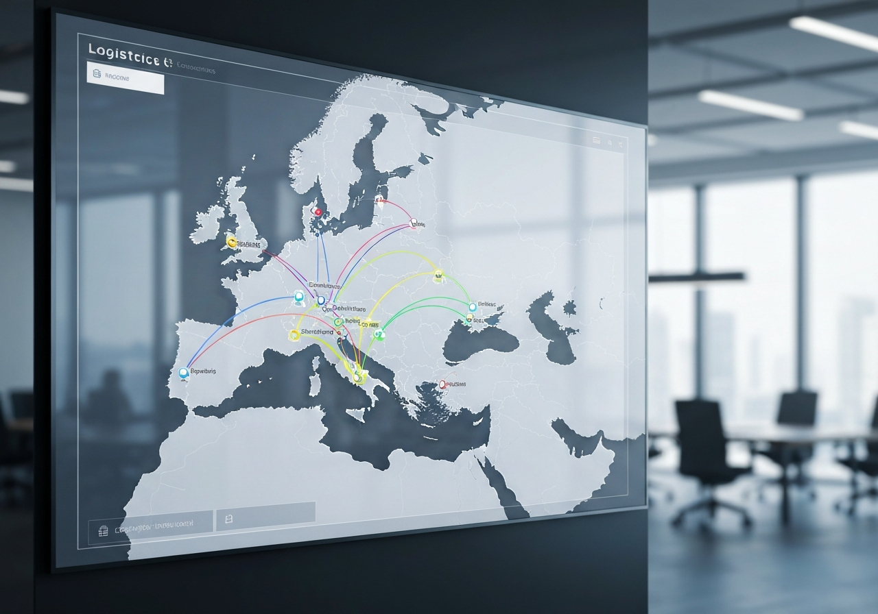 A professional logistics map interface displayed on a sleek glass digital screen showing interconnected European cities, modern office background, editorial photography, soft natural light, 85mm lens, high-end technology vibe, no text, no words, no letters.