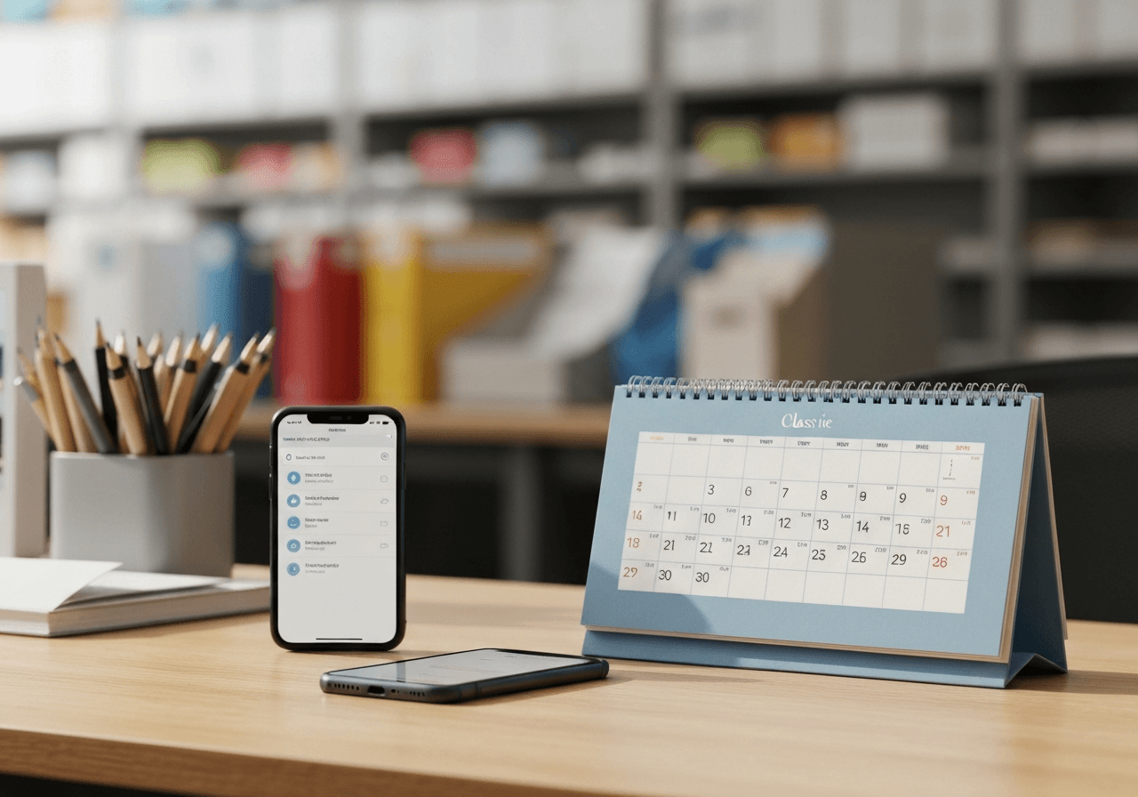 Close-up of a modern professional desk with a smartphone and a neat calendar, blurred post office interior in the background, clean editorial photography, soft natural light, 85mm lens, high quality, no text, no letters