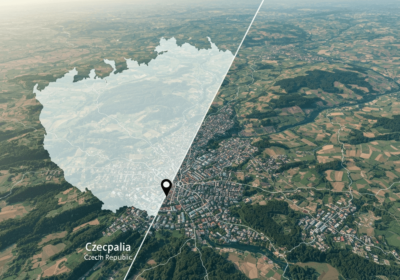Aerial view of a clean, divided map graphic highlighting two distinct geographic points in Czech Republic, modern minimalist cartography, soft morning light, editorial aesthetic, 85mm lens, no text, no words, no letters