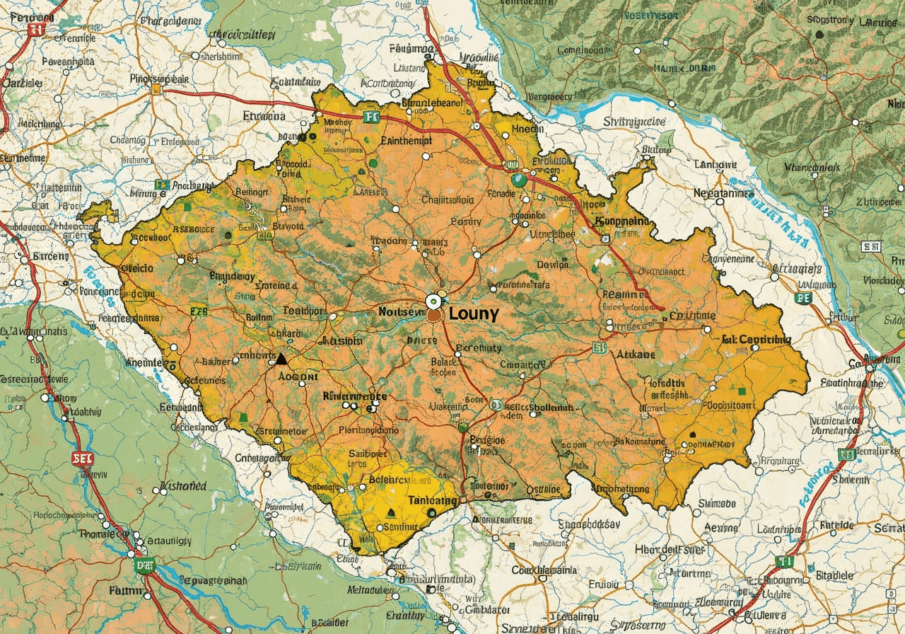 A detailed map of the Czech Republic highlighting the Louny region, editorial photography, clean professional aesthetic, soft natural light, 85mm lens, high resolution, no text, no words, no letters.