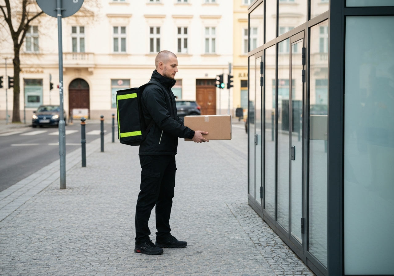 A professional courier delivering a modern parcel to a high-tech pickup point in a sleek urban street of Prague 5, morning atmosphere, editorial photography, soft natural light, 85mm lens, sharp focus, no text, no words, no letters
