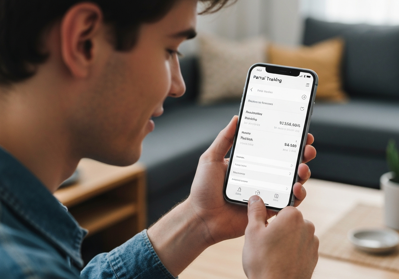 A close-up of a person holding a modern smartphone showing a parcel tracking interface, blurred background of a cozy minimalist interior, editorial photography, soft natural light, 85mm lens, high quality, no text, no letters