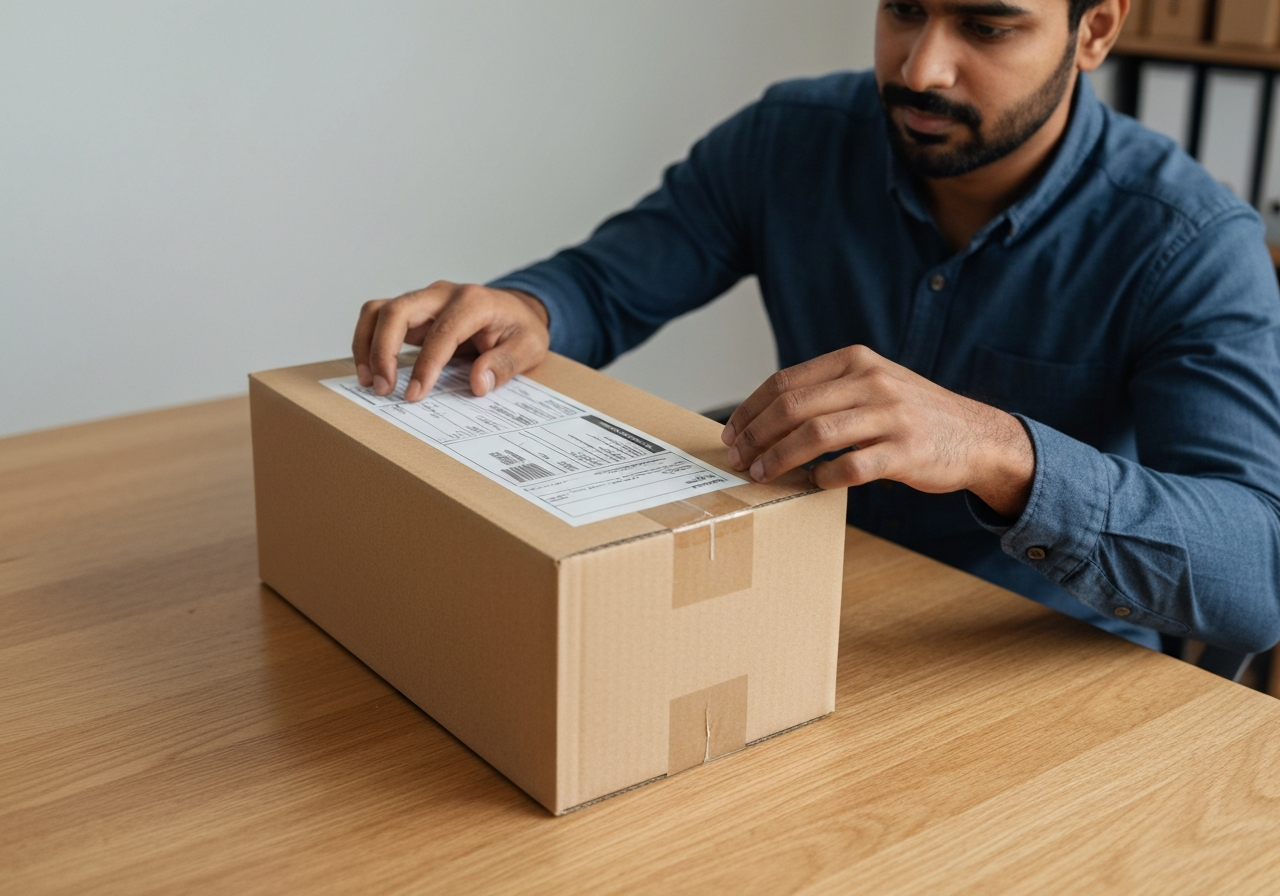 A high-angle close-up shot of a neatly packed cardboard shipping box on a clean wooden desk, a person sticking a professional shipping label on the surface, modern logistics concept, clean aesthetic, soft natural light, 85mm lens, highly detailed, no text, no letters