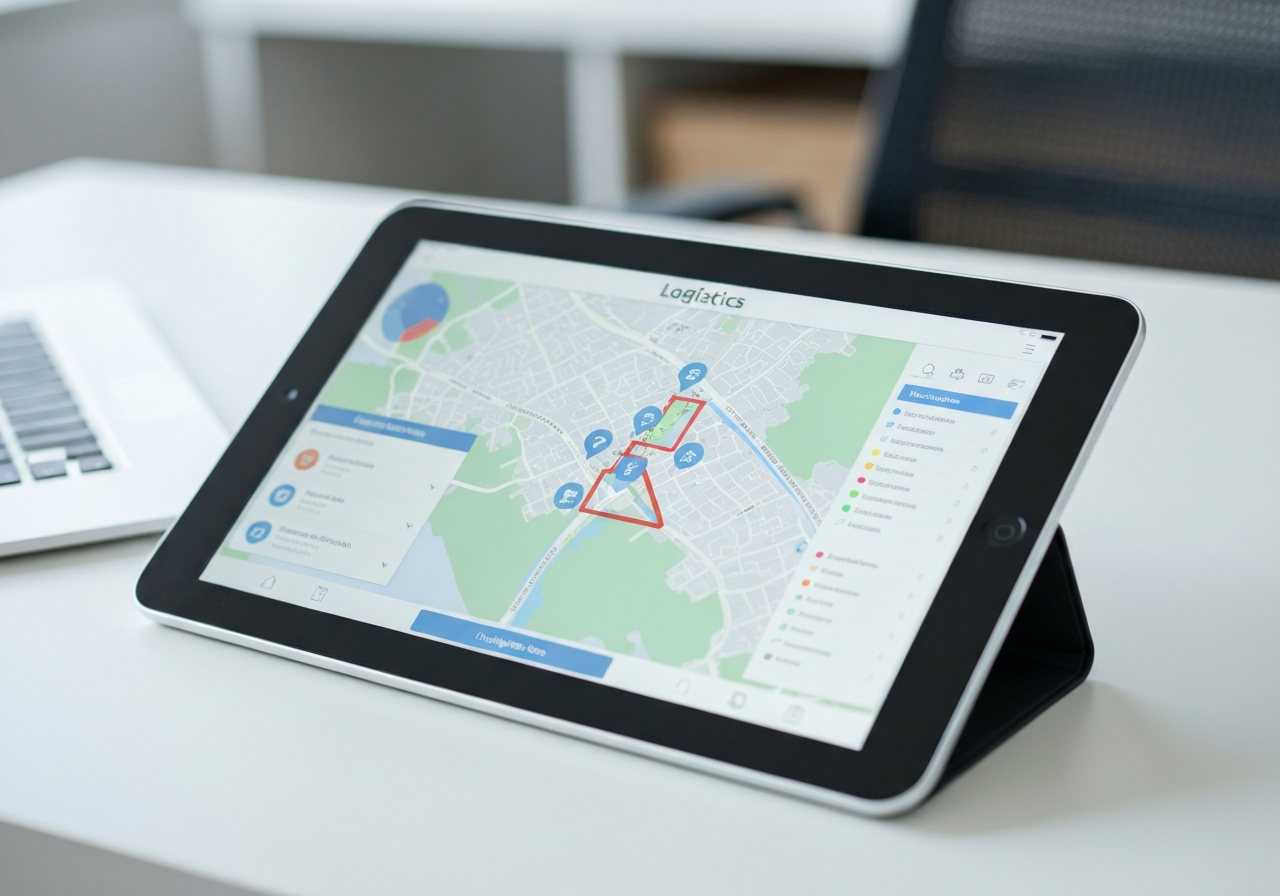 A close-up of a digital tablet showing a clean, interactive map interface with highlighted distribution zones, modern logistics office desk, editorial photography, soft natural light, 85mm lens, high focus, no text, no words, no letters.