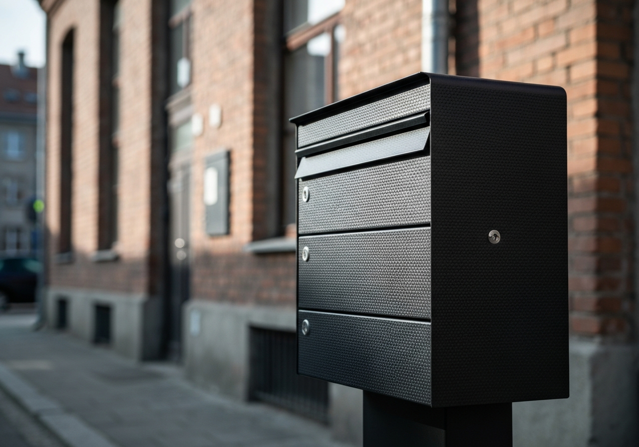 A detailed close-up shot of a modern mailbox in an urban Ostrava street setting, industrial chic architecture in the background, soft natural sunlight, 85mm lens, high-end editorial photography, no text, no letters.