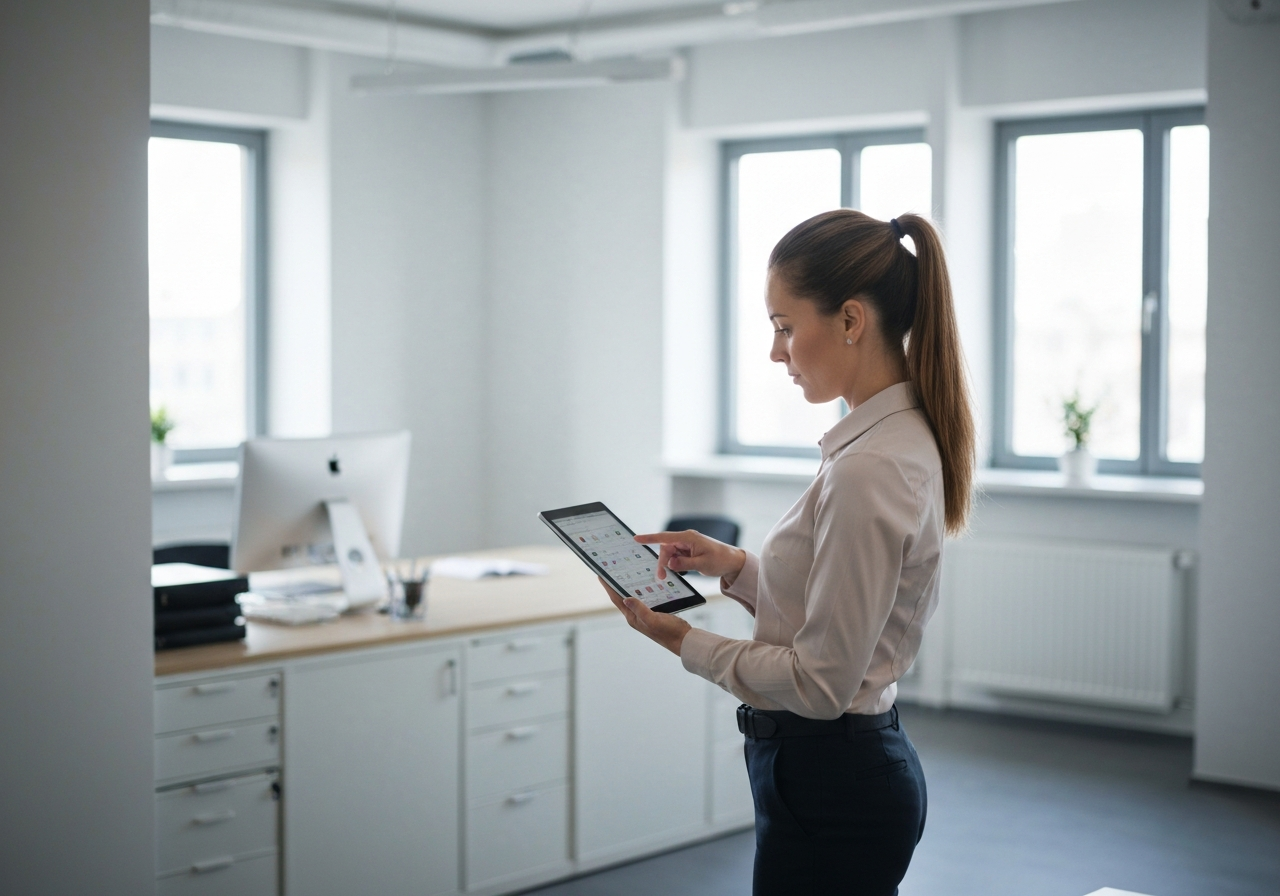 A professional hands-on view of a person using a tablet to search for postal codes in a modern, clean office in Ostrava, soft natural light, 85mm lens, high-end editorial photography, no text, no words, no letters