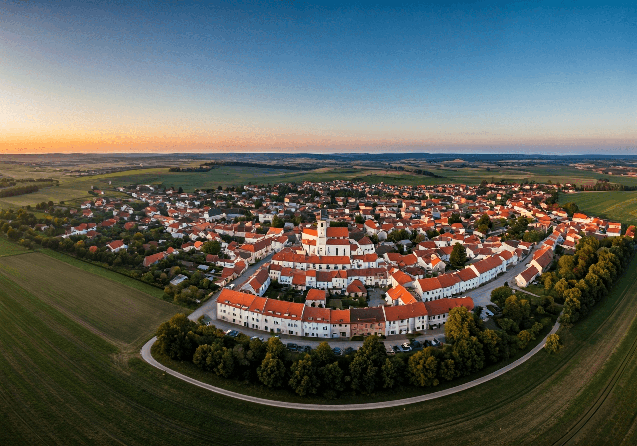 Aerial wide-angle view of the historic town of Slavkov u Brna surrounded by rolling South Moravian landscape, editorial photography, high resolution, soft morning light, 85mm lens, no text, no letters