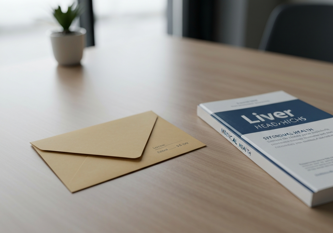 A conceptual close-up shot of a modern desk with a classic analog envelope on one side and a medical textbook about liver health on the other, symbolizing the contrast between logistics and medicine, soft natural light, minimalist office background, 85mm lens, highly detailed, no text, no letters