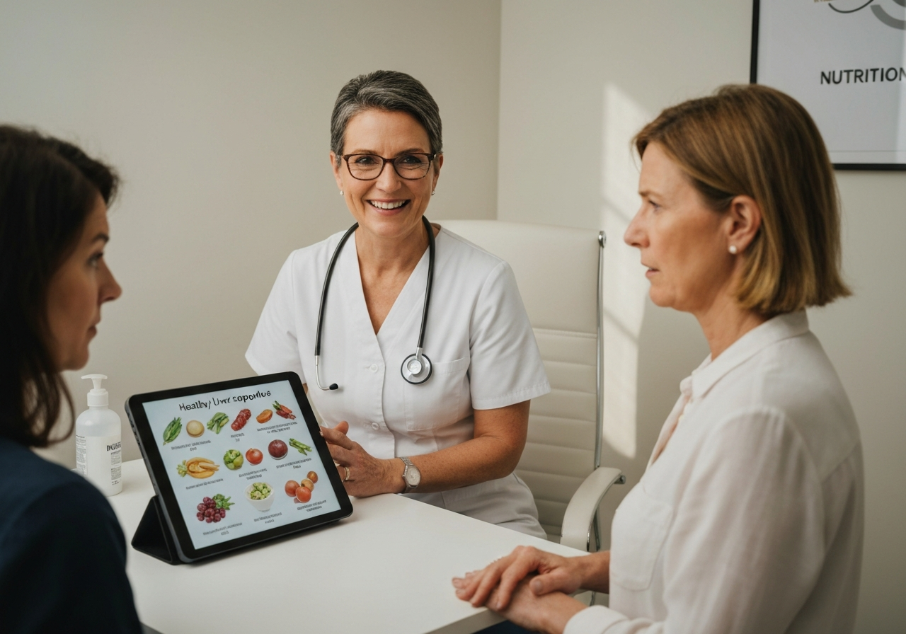 A professional medical consultation room with a clean, modern aesthetic, a nutritionist talking to a patient, healthy liver-supportive food charts on a tablet, soft natural light, editorial photography style, 85mm lens, high quality, no text, no words, no letters.