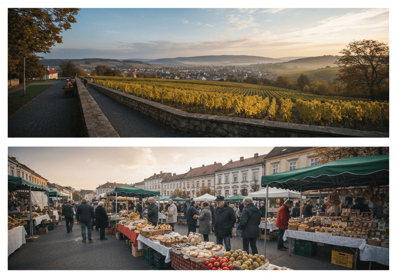 A split screen composition showing a scenic rural village landscape in Moravia, one side featuring the lush rolling hills of the Zlín region and the other the sun-drenched vineyards of the Znojmo region, cinematic editorial style, soft natural morning light, 85mm lens, highly detailed, no text, no letters