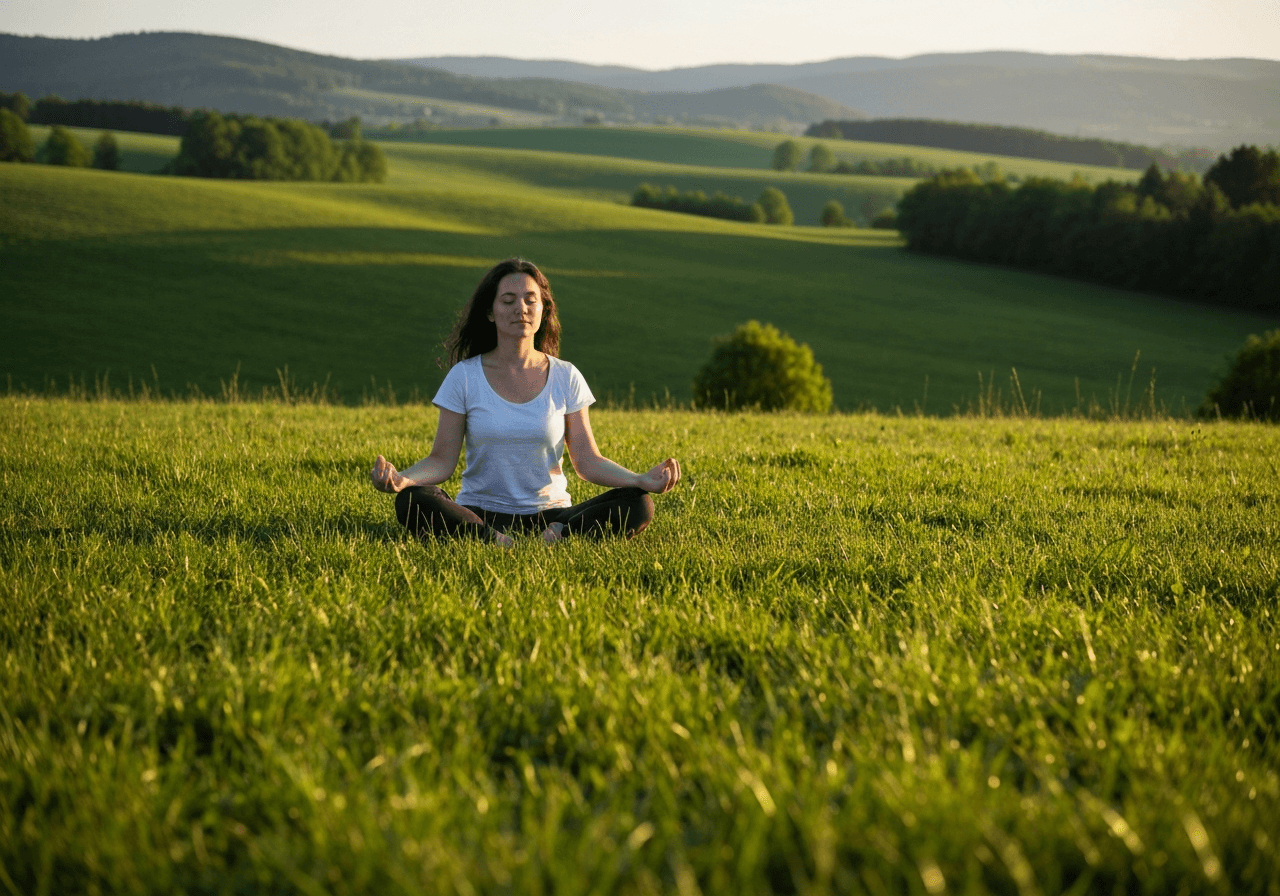 A peaceful morning landscape in the Moravian countryside near Šanov, a person practicing mindfulness in a lush green meadow, golden hour soft natural light, editorial photography style, 85mm lens, high quality, no text, no letters