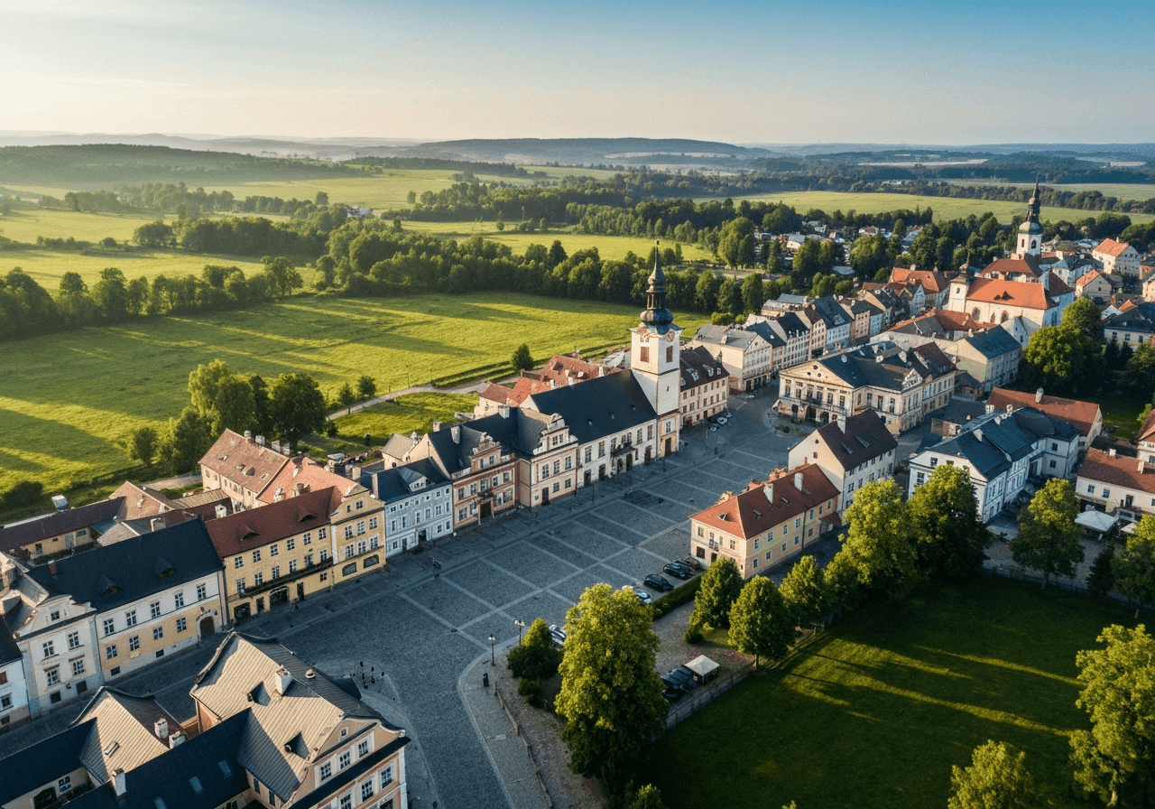 Aerial view of Horice v Podkrkonoší, historical town square and surroundings, lush greenery, soft morning light, editorial photography, 85mm lens, high resolution, no text, no letters
