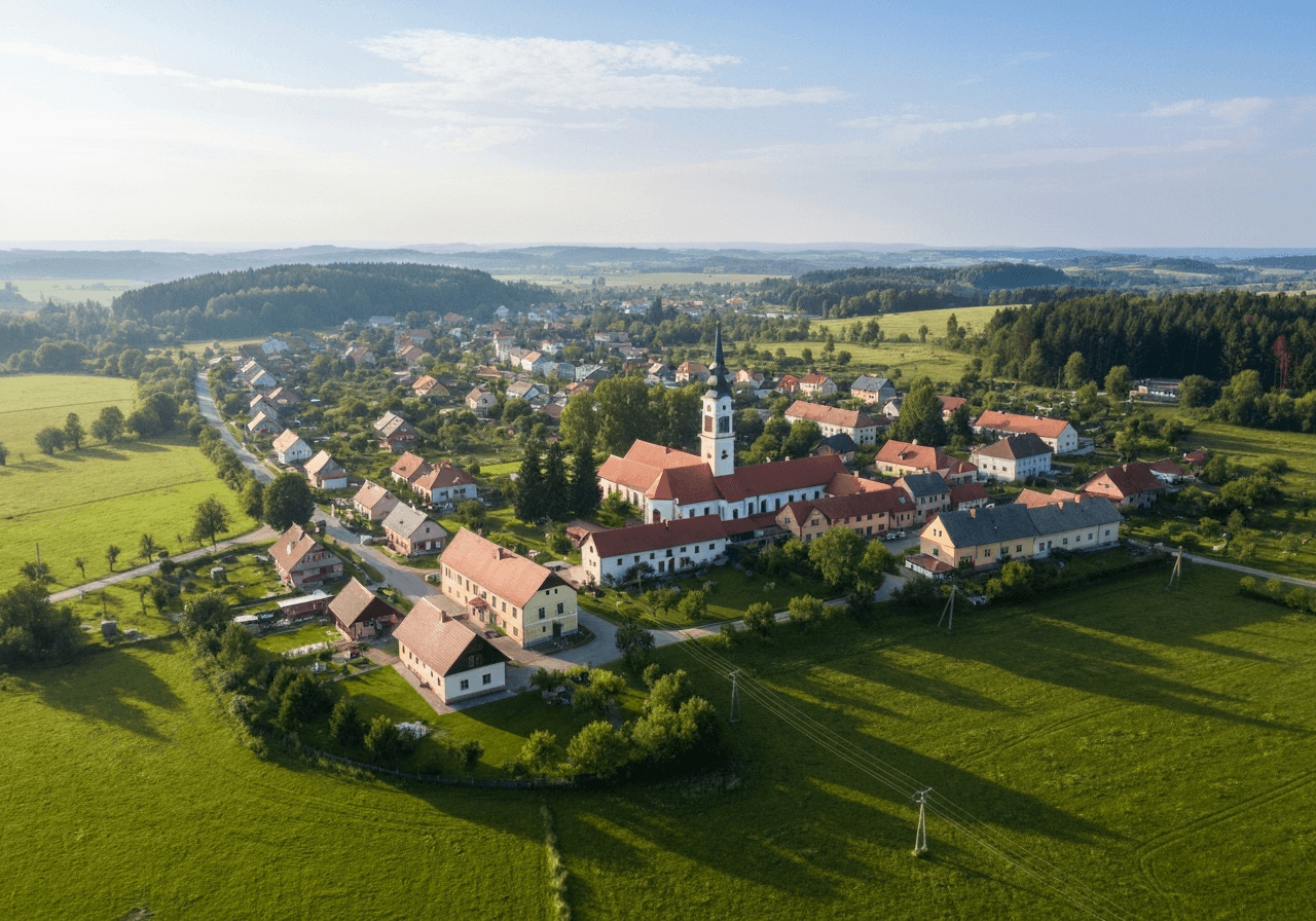 Aerial wide shot of the village Štvrtok na Ostrove in Slovakia, lush green rural landscape, traditional central European architecture, clean atmosphere, editorial photography, soft natural morning light, 85mm lens, no text, no words, no letters