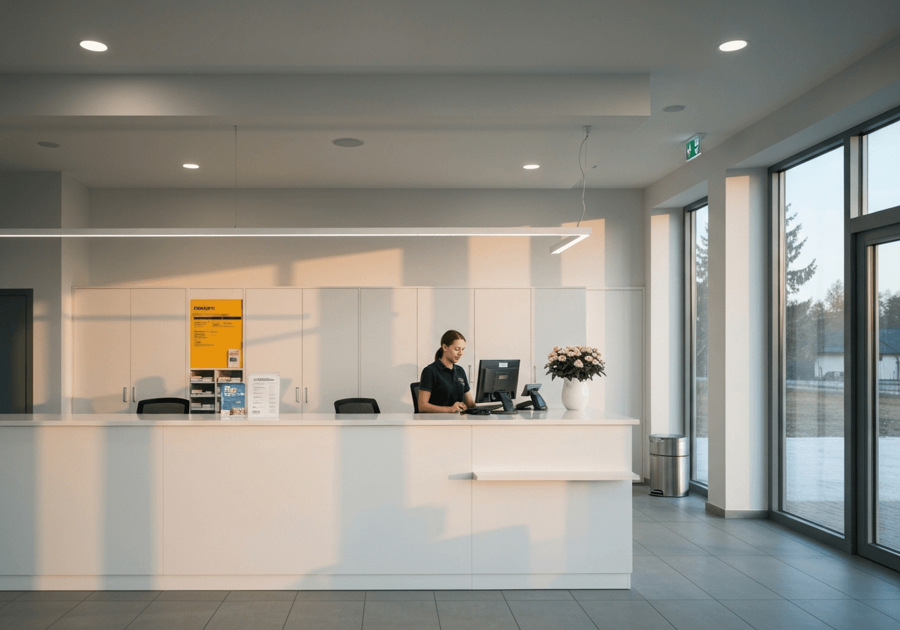 A professional modern post office counter in a rural Slovakian municipality, clean interior design, soft natural morning light, depth of field, 85mm lens, high-end editorial photography, no text, no letters