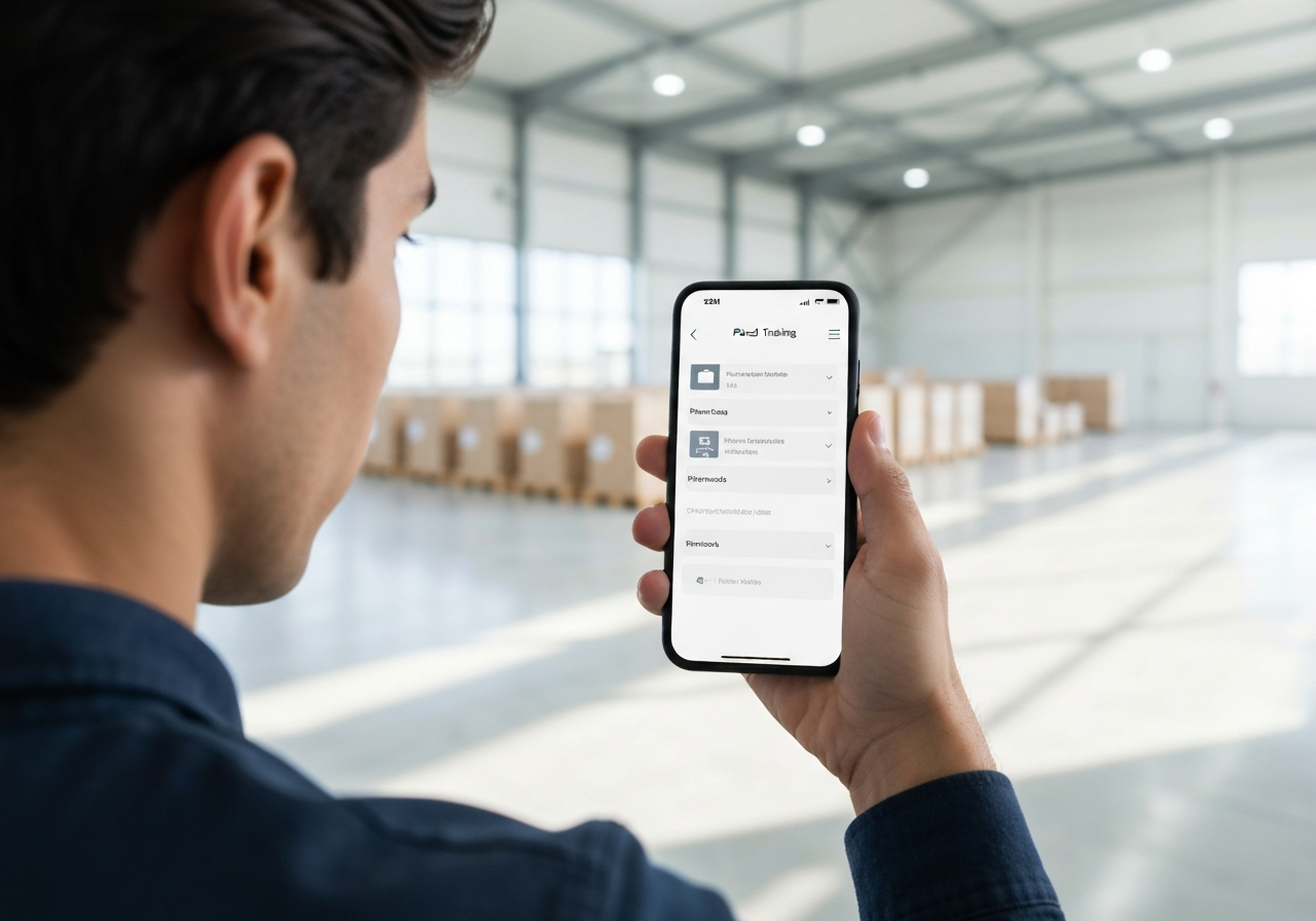 A close-up of a person holding a smartphone showing a parcel tracking interface, blurred modern logistics warehouse background, clean minimalist aesthetic, soft natural light, 85mm lens, high quality, no text, no words, no letters.