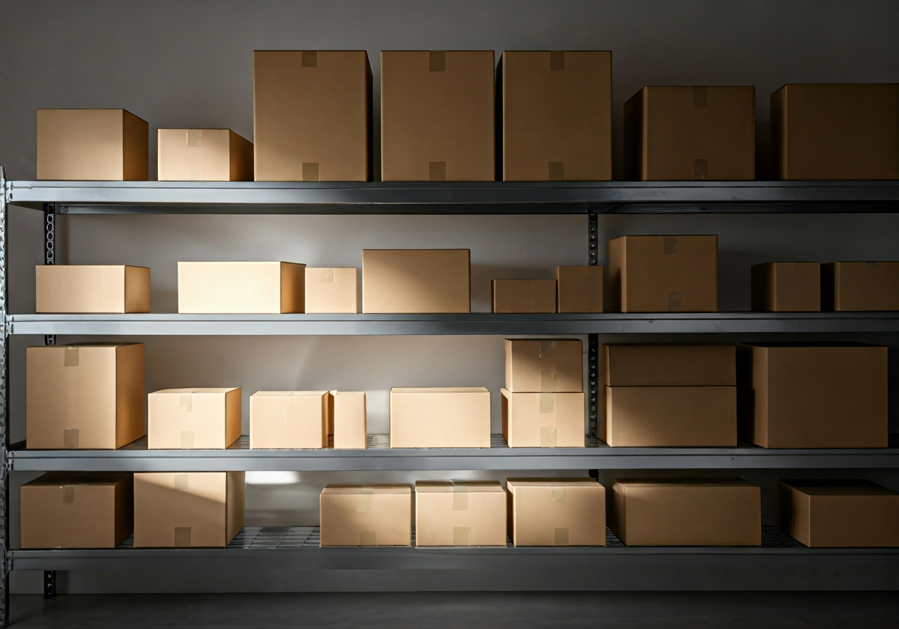 A professional logistics warehouse setting with neatly organized parcels of various sizes on a clean shelving unit, soft natural light, editorial photography style, 85mm lens, high quality, no text, no words, no letters.