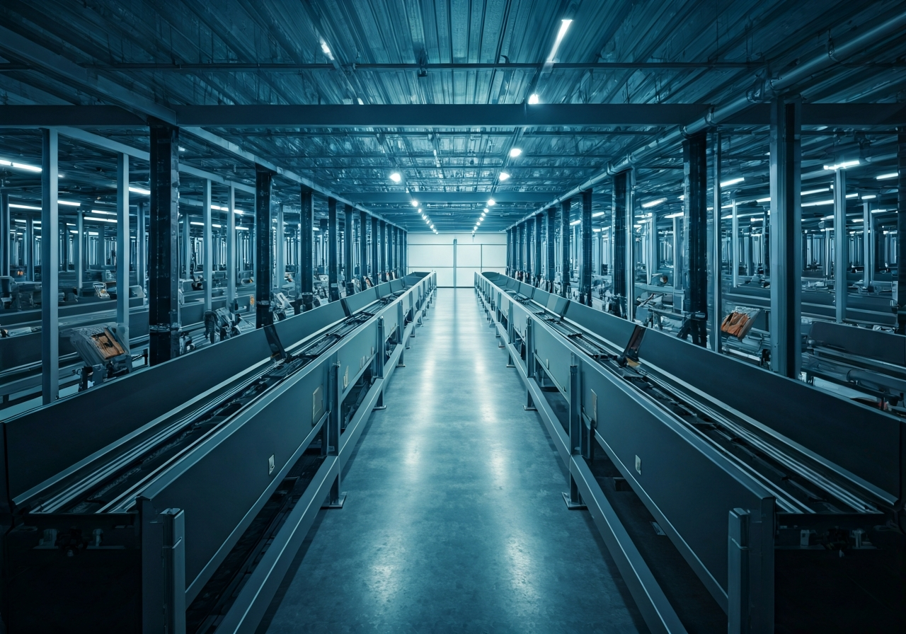 Interior of a high-tech automated sorting center, robotic arms sorting parcels, futuristic industrial design, clean lines, professional editorial photography, soft cool studio lighting, 85mm lens, sharp focus, no text, no words, no letters.