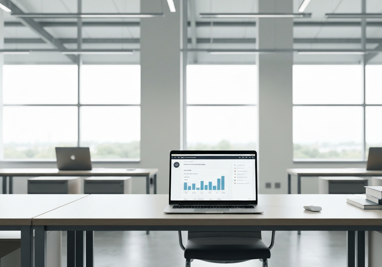 Modern warehouse office interior, clean desk with laptop displaying logistics dashboard, soft natural light through large windows, minimalist design, premium editorial photography, 85mm lens, high quality, no text, no words, no letters