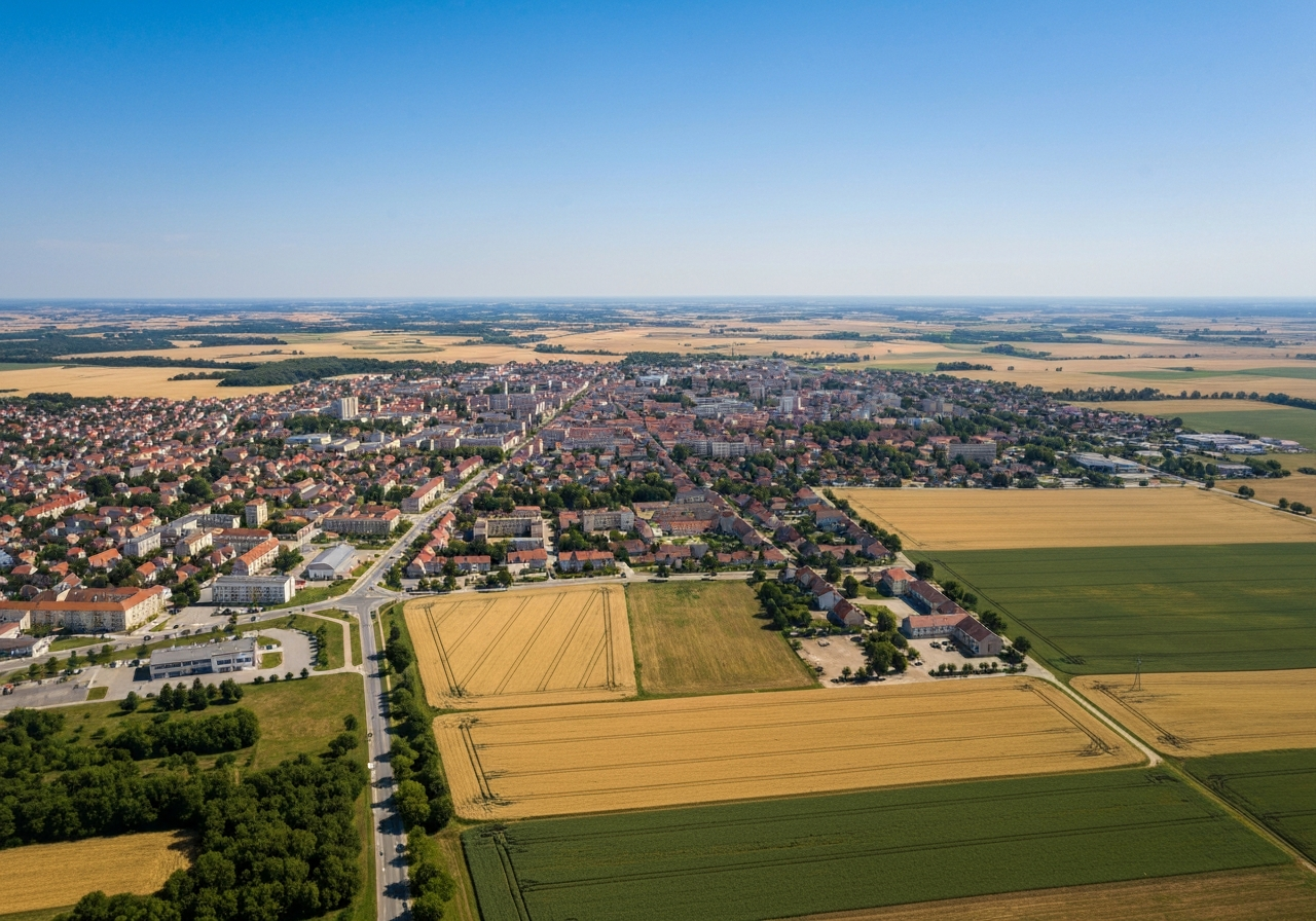 Aerial view of Dobruška city center and surrounding agricultural fields, modern editorial landscape photography, bright sunny day, 85mm lens, high resolution, no text, no letters