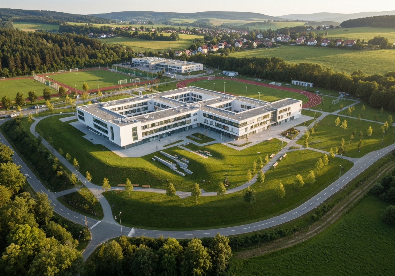 Aerial view of a modern school campus in a green valley, surrounded by athletic fields and cycling paths, Czech landscape, editorial architectural photography, soft natural light, 85mm lens, highly detailed, no text, no letters