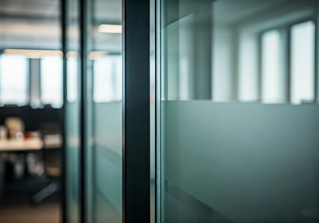 Modern professional office interior in Prague, architectural detail of a clean workspace with glass partitions and subtle corporate branding, editorial photography, soft natural light, 85mm lens, high-end commercial aesthetic, no text, no words, no letters