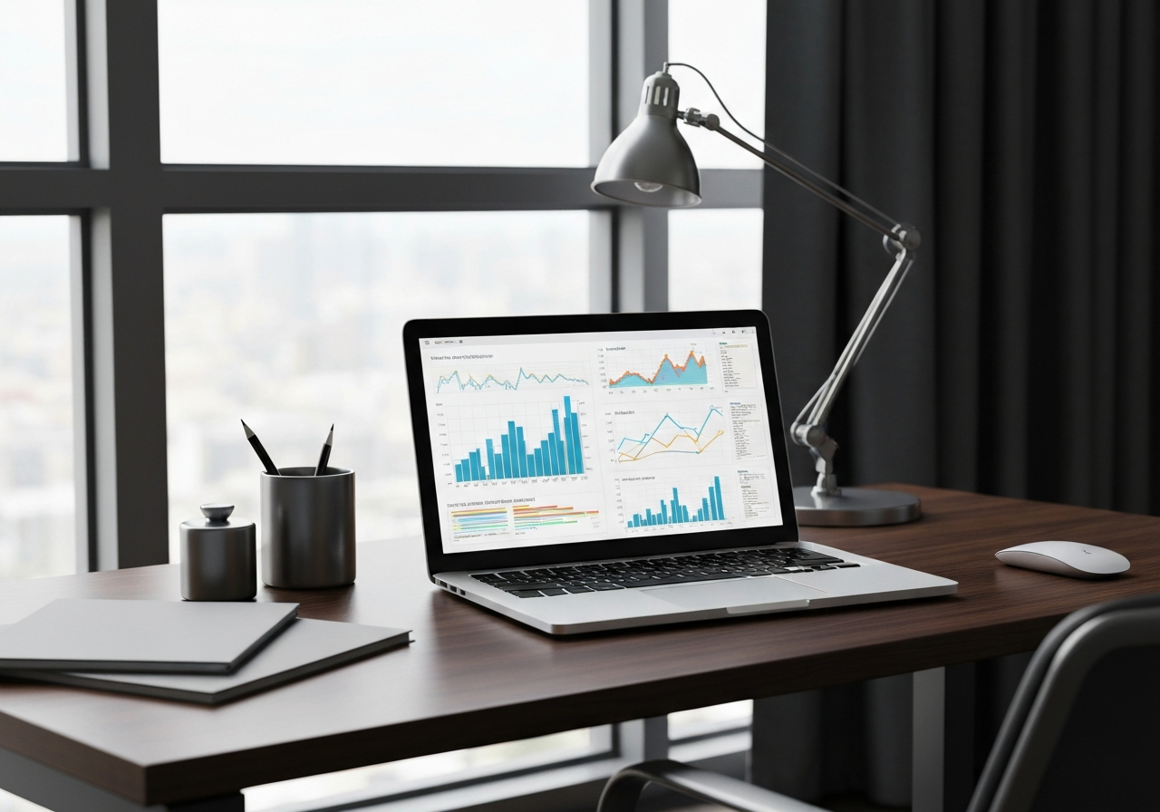 Modern professional office desk with a clean laptop displaying network infrastructure charts, soft natural light reflecting on metallic surfaces, editorial photography, high contrast, 85mm lens, no text, no words, no letters