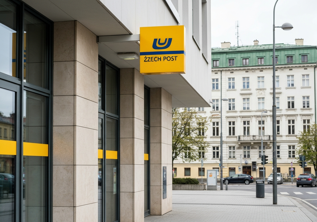 Pošta Vlkova: Funguje to? (Pravda, kterou musíte znát) 2 Editorial photography, modern signage of a Czech Post office in an urban setting, clean architectural lines, soft natural daylight, 85mm lens, high resolution, no text, no words, no letters