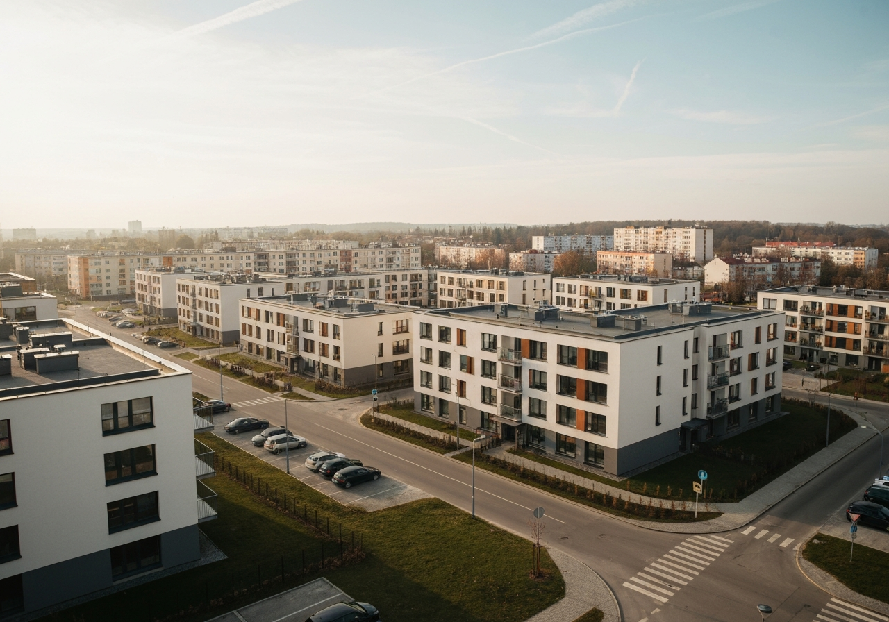 A high-angle editorial shot of a modern residential district in Pardubice with organized urban blocks, clean streets, soft natural daylight, cinematic atmosphere, 85mm lens, high resolution, no text, no words, no letters.