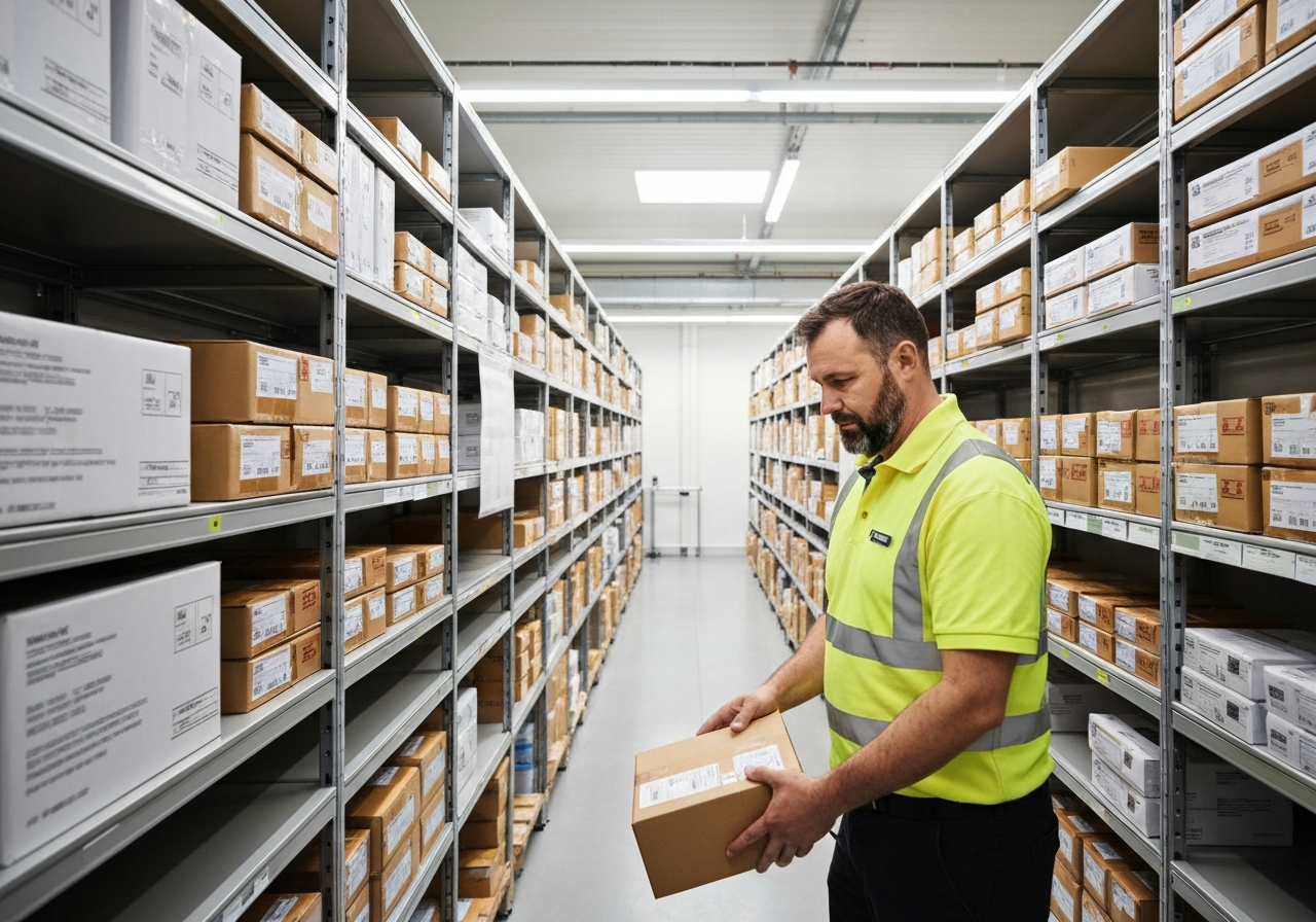 A professional logistics worker organizing parcels in a modern, well-lit sorting facility in the Czech Republic, shelves with organized postal packages, minimalist and clean aesthetic, editorial photography, soft natural light, 85mm lens, high resolution, no text, no words, no letters
