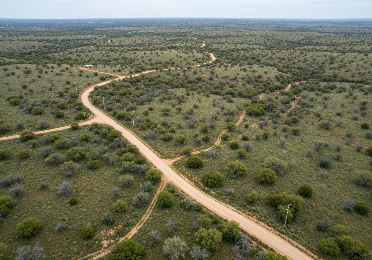 A high-angle aerial view of a remote rural landscape in Doctor Arroyo, Nuevo León, showing winding dirt roads and sparse vegetation, soft natural daylight, professional editorial photography, 85mm lens, high resolution, no text, no words, no letters.
