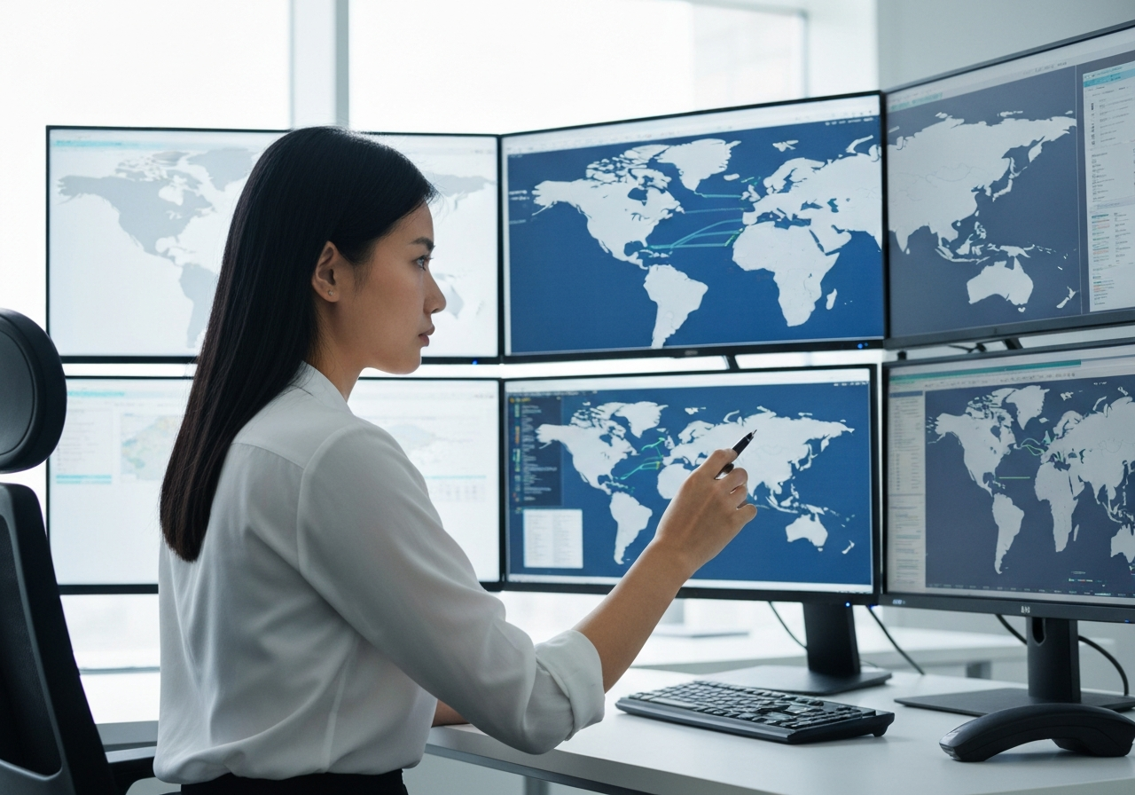 A professional data analyst monitoring complex global logistics digital map on multiple screens, clean modern office environment, premium editorial photography, soft natural light, 85mm lens, highly detailed, no text, no letters