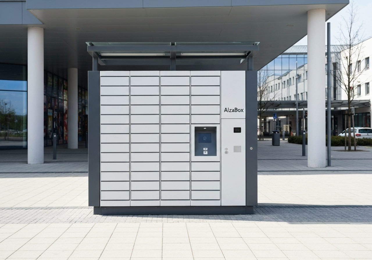 Modern automated parcel locker AlzaBox standing on a clean paved area in front of a shopping center in Břeclav, clear daylight, urban infrastructure, architectural photography, soft natural lighting, 85mm lens, highly detailed, no text, no letters