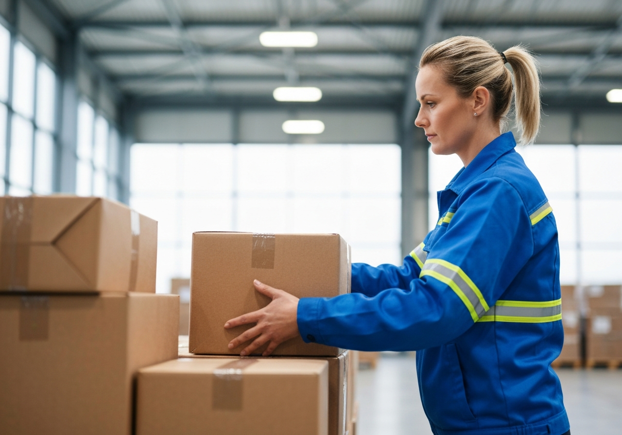 A professional logistics worker handling a stack of parcels in a modern warehouse, bright and clean environment, premium editorial photography, soft natural light, 85mm lens, sharp focus, no text, no words, no letters