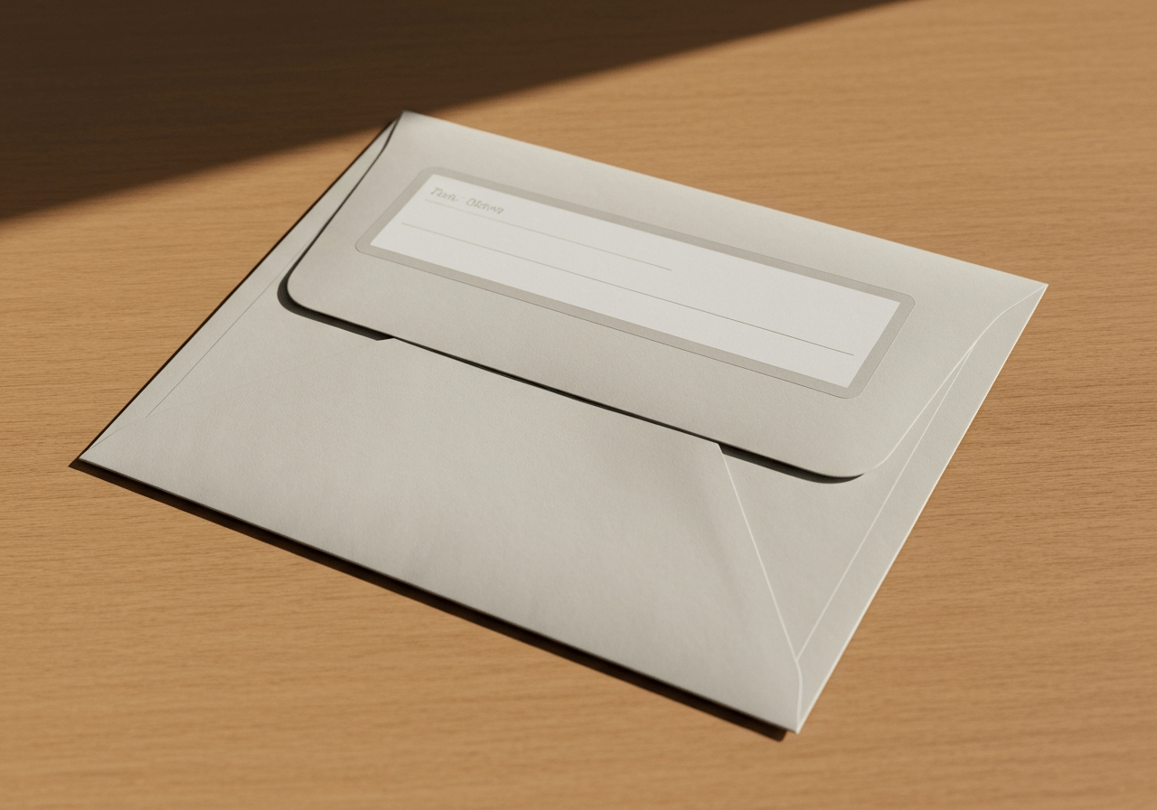 A detailed close-up of a modern postal envelope with a clear address label, set against a clean wooden desk background, natural soft morning light, editorial photography style, 85mm lens, high resolution, no text, no letters