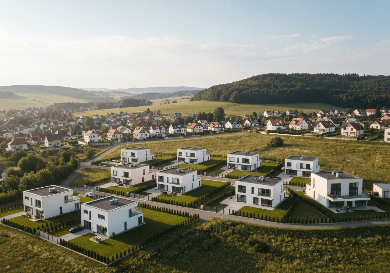 Aerial view of a clean, modern residential area in the Czech countryside near Milovice, serene landscape, morning soft natural light, editorial photography style, 85mm lens, high resolution, no text, no letters