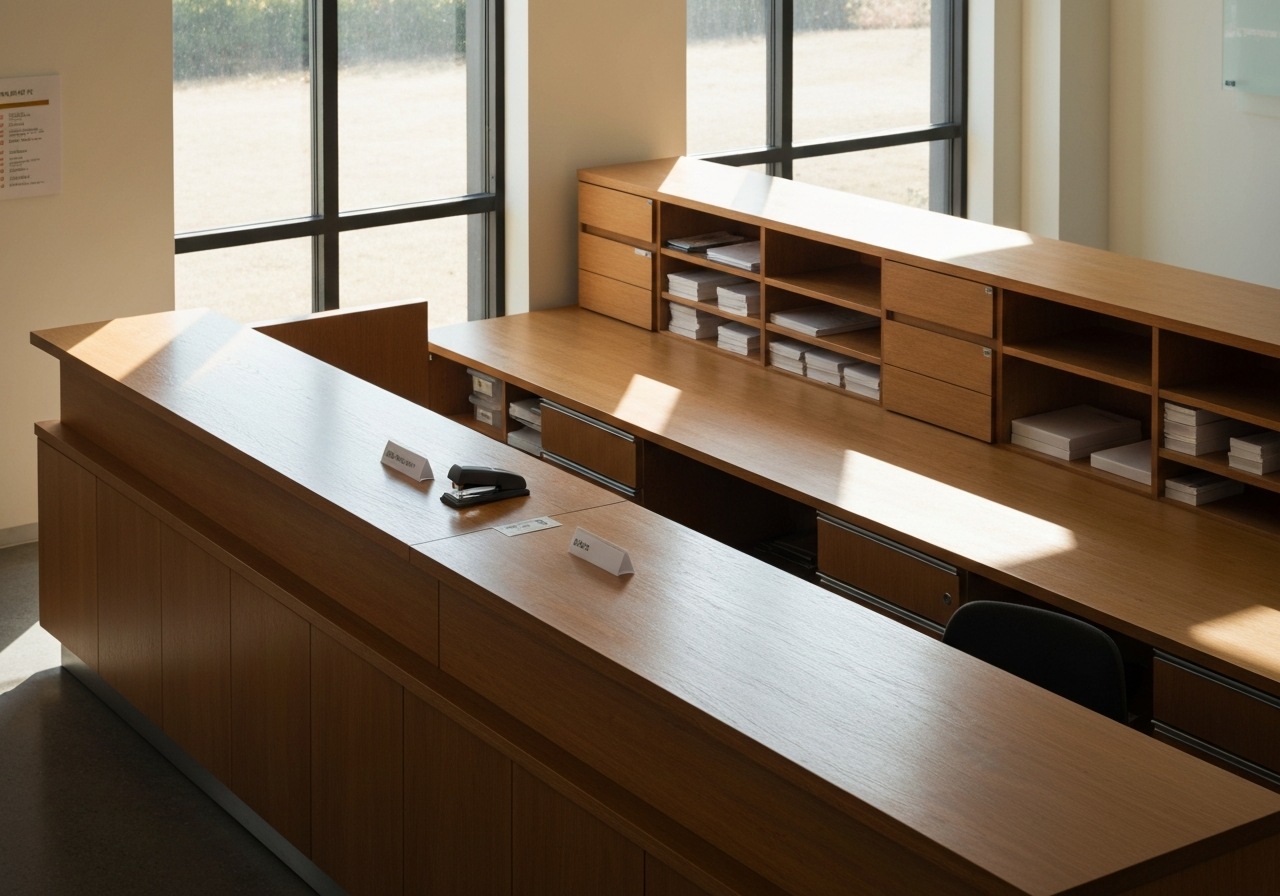 A high-angle editorial shot of a modern, organized postal branch counter with clean wooden surfaces and soft natural morning light, depth of field, 85mm lens, minimalist aesthetic, no text, no letters.